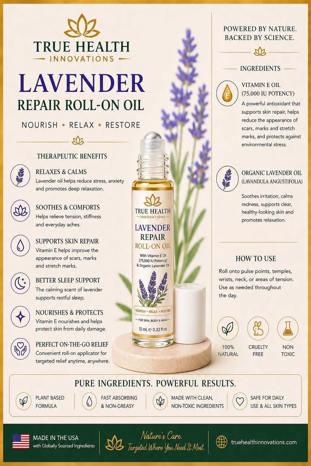 100% Pure & Natural Vitamin-E and Organic Lavender Roll on Oil
